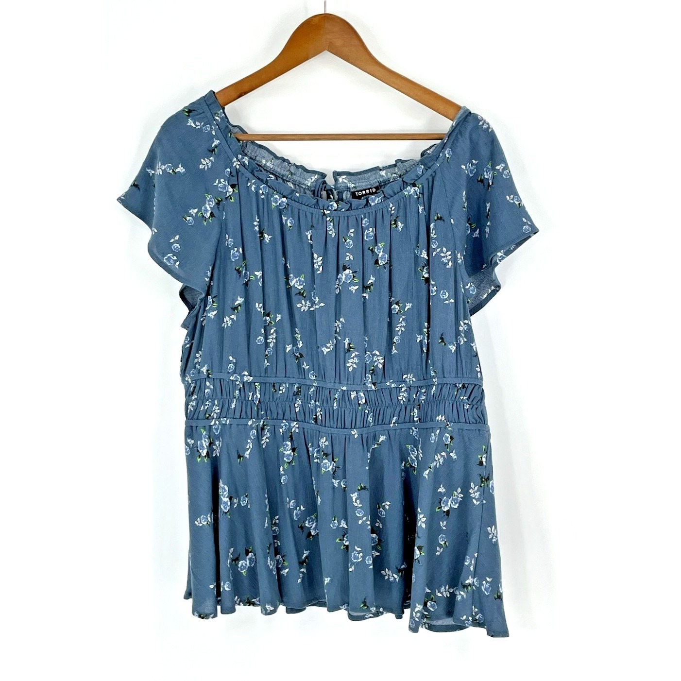 Torrid Womens Plus Size 1 Top Peasant Smocked Blue Floral Baby Doll Back Tie